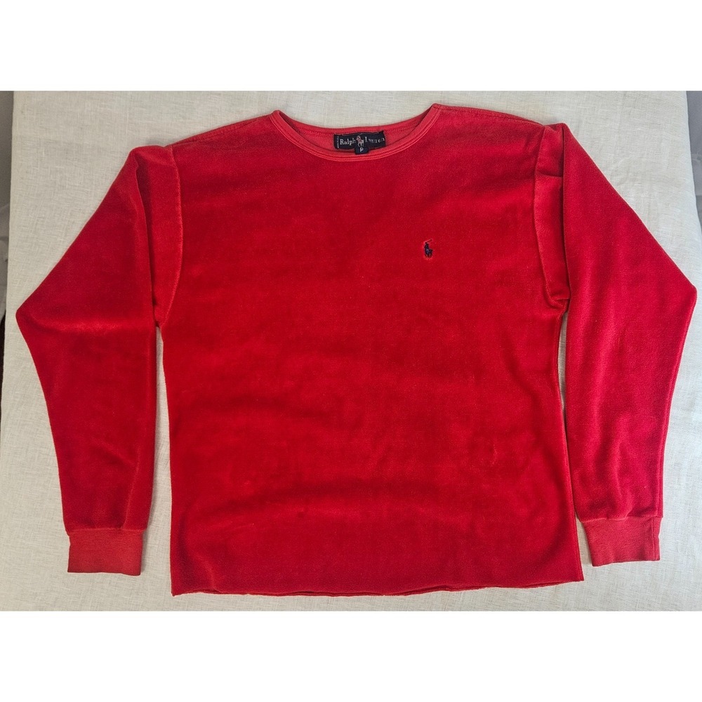 Vintage Ralph Lauren Top Women Petite Made USA Red Velour Feel 90s Luxury